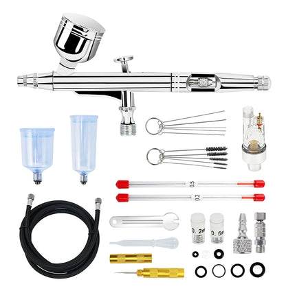 Dual-Action Gravity Airbrush Kit with 0.2/0.3/0.5mm Needles, 7/20/40cc Cups & Cleaning Tools for Makeup, Nail Art, Painting & Car Detailing