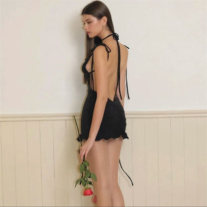 2024 European & American High-End Y2K Sexy Open Back Lace-Up Slim Fit Short Skirt - Spicy Girl Style