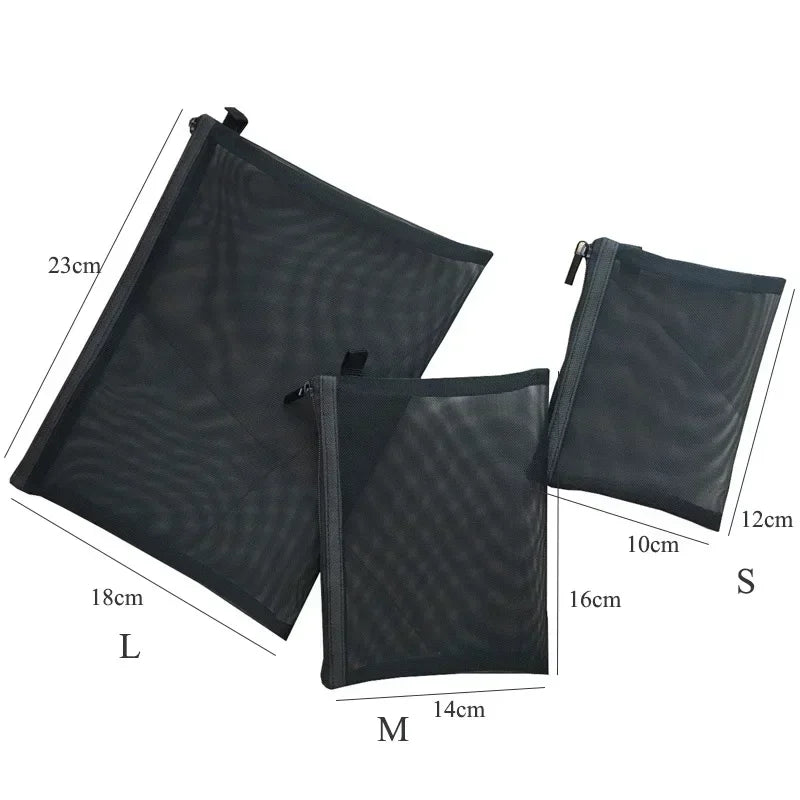 Transparent Mesh Zipper Cosmetic Bag – Fashionable Black Toiletry Organizer, Small & Large Makeup Pouch for Women
