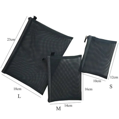 Transparent Mesh Zipper Cosmetic Bag – Fashionable Black Toiletry Organizer, Small & Large Makeup Pouch for Women