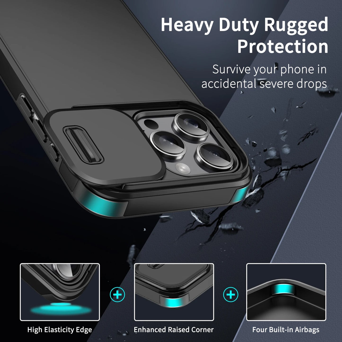 Shockproof Case for iPhone 16, 15 Pro Max, 15 Plus, 14 Pro Max, 13, 12, 11 – Slide Camera Protective Cover