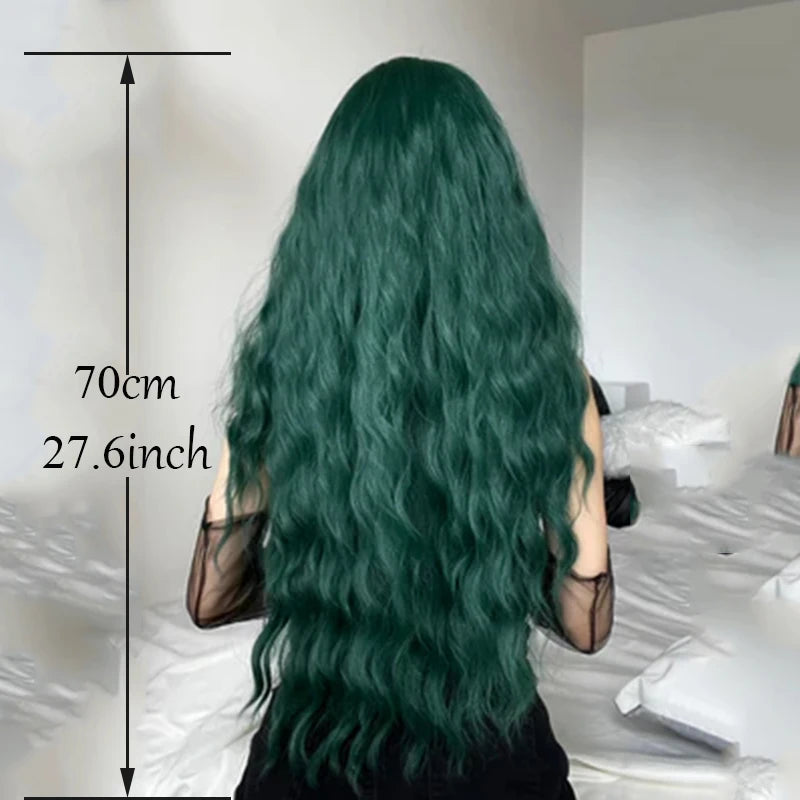 Light Green Long Wavy Synthetic Wig with Bangs – Blackish Green Cosplay & Lolita Style, Heat-Resistant for Women