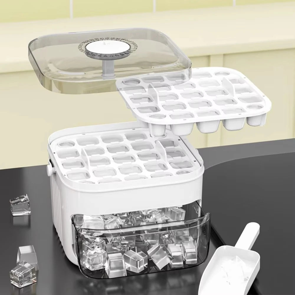 50 Cube Ice Maker Tray - Double Layer Refrigerator Ice Mold with Easy Press Cap & Kitchen Ice Storage Container