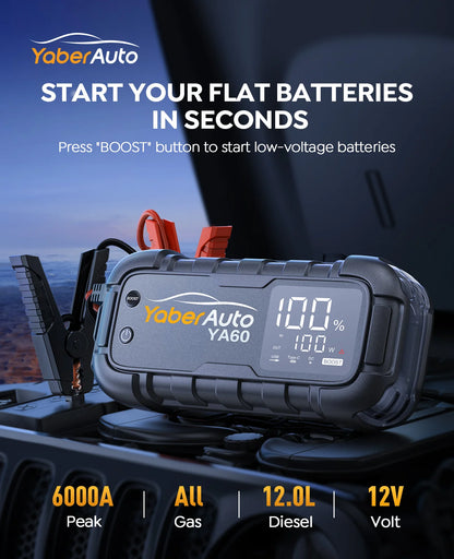 6000A Car Jump Starter - 150W DC Battery Charger with LED Screen 600 Lumens Flashlight Emergency Starting Device