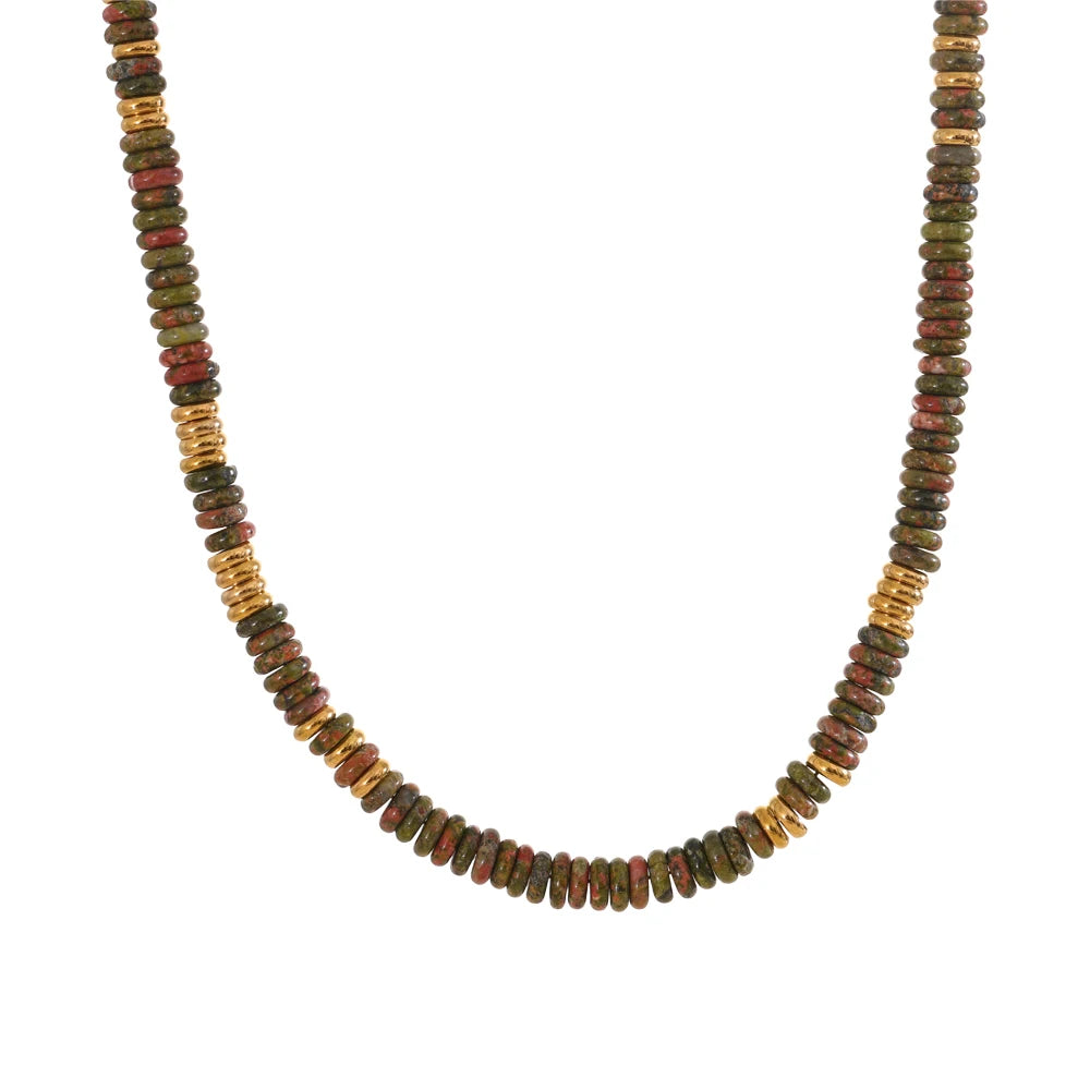 Yhpup Colorful Natural Stone Bead Necklace – Handmade Y2K Stainless Steel Waterproof Chain Jewelry for Women
