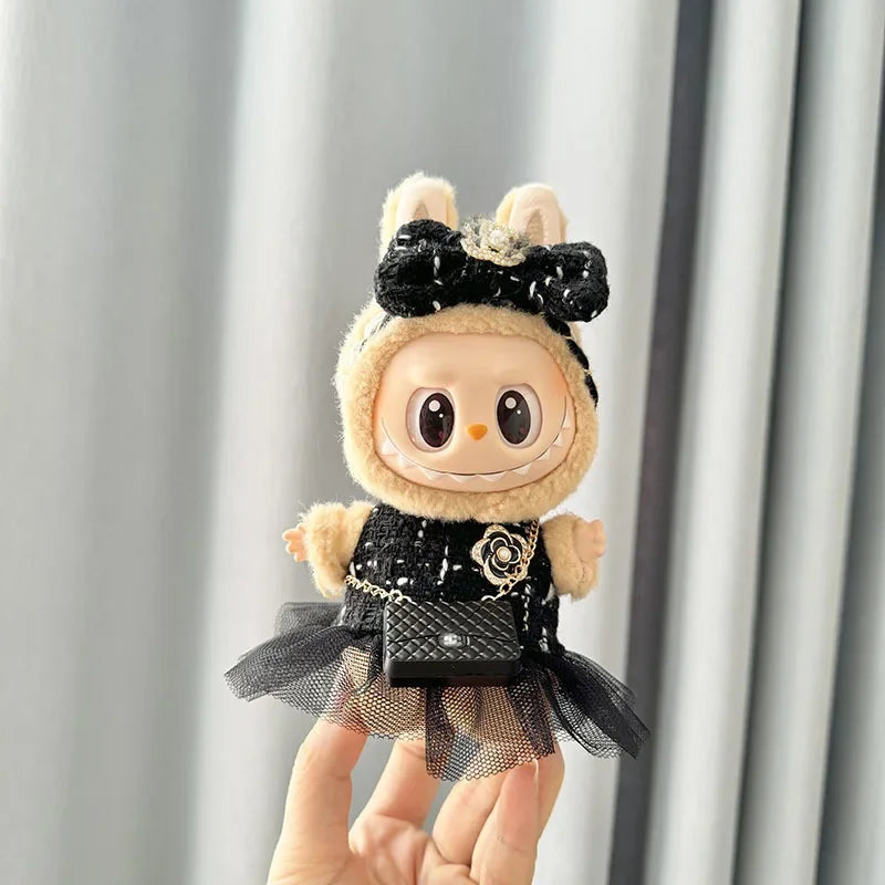 Cute 17cm Labubu Idol Doll Outfit – Camellia Dress, Bag & Shoes Set for Mini DIY Monster Sitting Party Collection