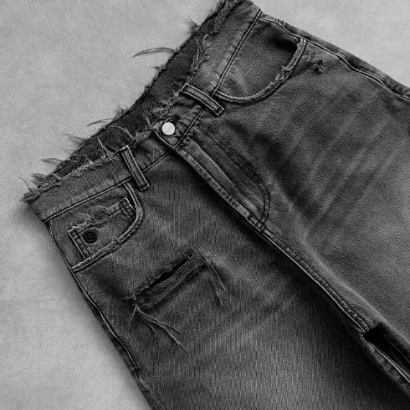 Deeptown Washed Ripped Short Jeans – Unisex Wide Leg Baggy Jorts with Hole Embroidery, Retro American Streetwear for Summer
