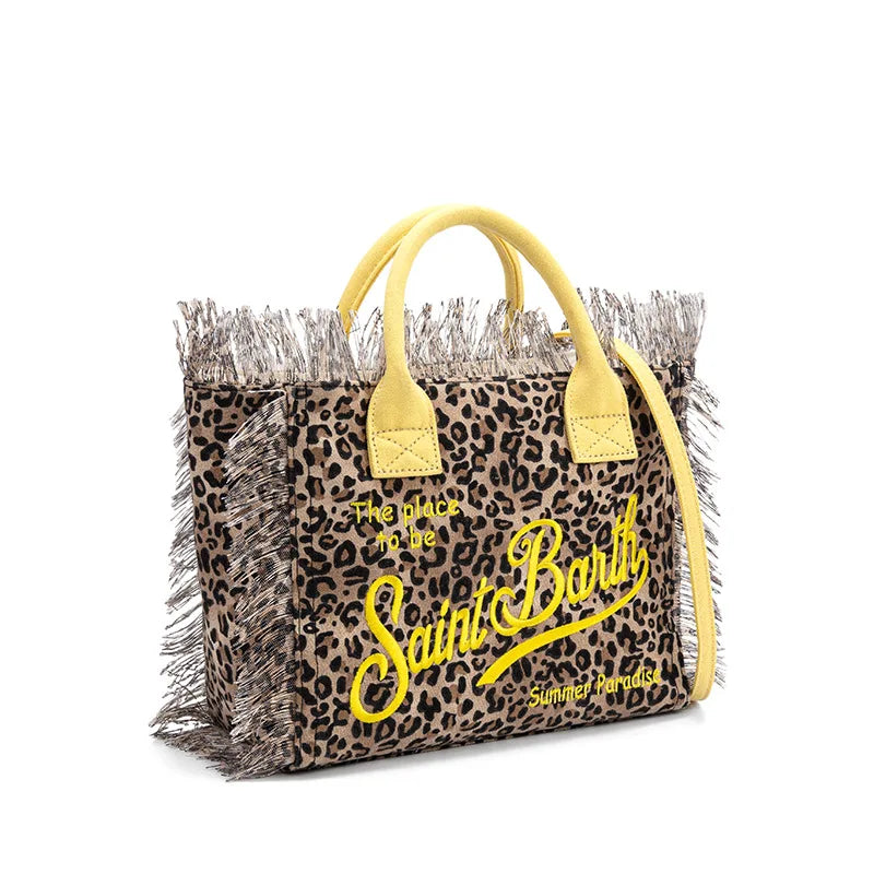 SAINT BARTH Houndstooth Crossbody Bag – Small Cotton Linen Handmade Tote with Tassels for Women