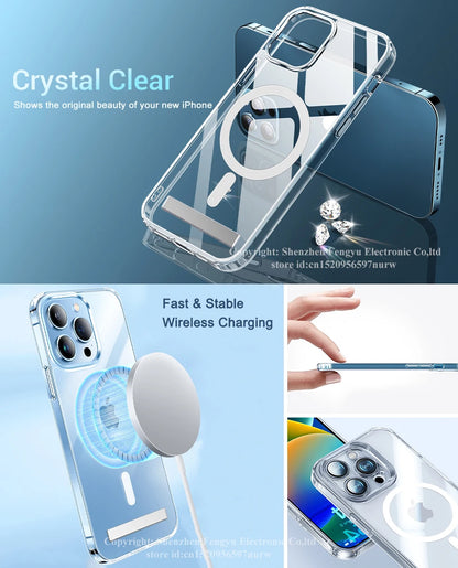 Clear Magnetic Phone Case with Kickstand for iPhone 16, 15, 14, 13, 12, 11 Mini – MagSafe Compatible, Wireless Charging Back Cover