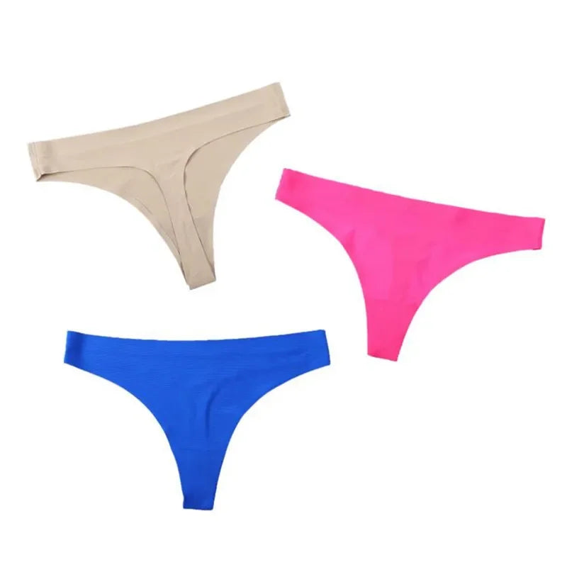 3PCS Ice Silk Seamless Thong Set for Women – Solid Low Rise Sexy G-String Sports Underwear, S-XL Sizes