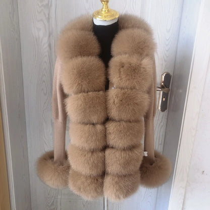 Women’s Spring & Autumn Sweater Cardigan – Real Fox Fur Collar Jacket, Natural Fur Outerwear