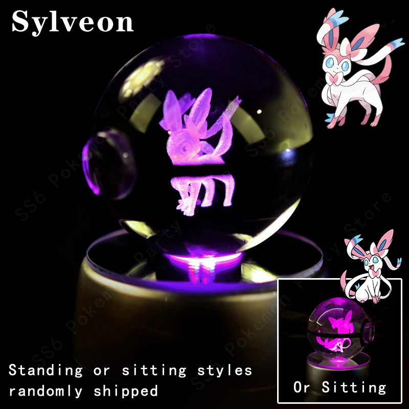 Pokemon Crystal Ball Night Light - 3D Pikachu, Gengar, Mew and Mewtwo Lamp Base, Glass Pokeball Figure, Birthday Gift