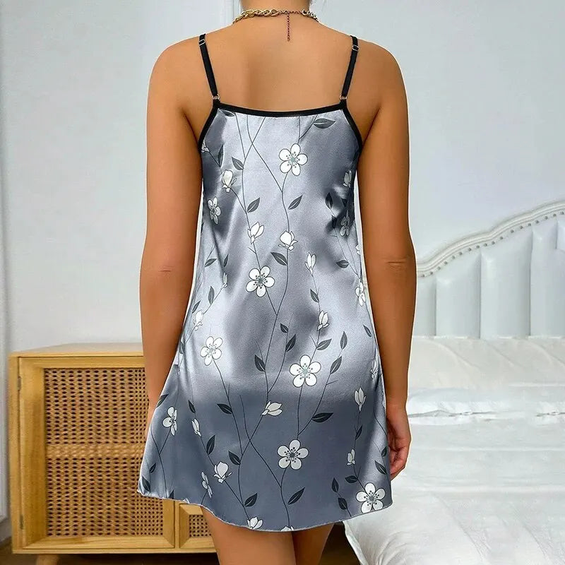 Women’s Satin Floral Sleepdress - Spaghetti Strap Slip Nightgown Comfortable Luxury Sleepwear Dress
