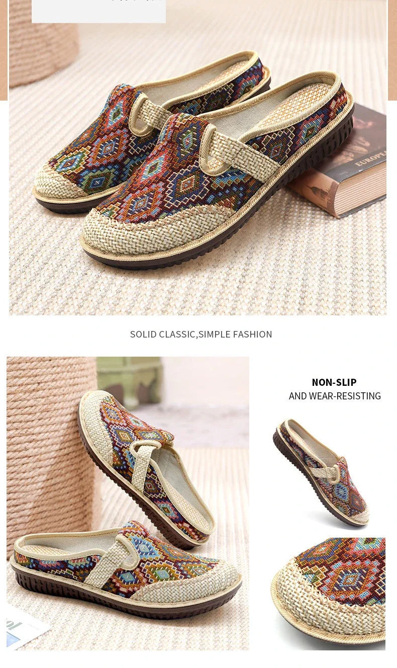 2024 Fashion Women’s Ethnic Embroidered Linen Shoes – Breathable Casual Outdoor Slippers