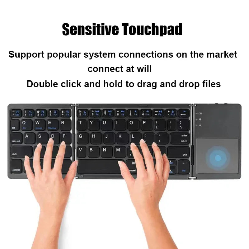 Tri-Fold Bluetooth Wireless Keyboard with Touchpad – Portable Rechargeable Mini Keyboard for Windows, Android & iOS Devices