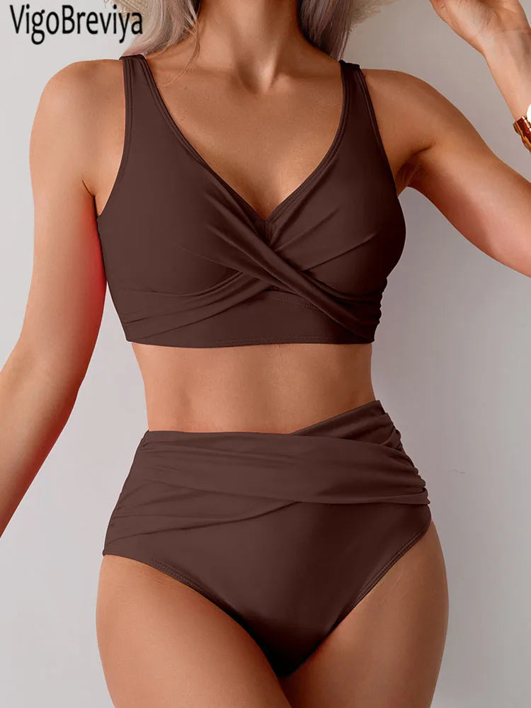 VigoBreviya 2025 Sexy Solid Strapped Bikini Set – Cross Push-Up, High Waist Brazilian Swimsuit for Women, Beach & Bath Wear