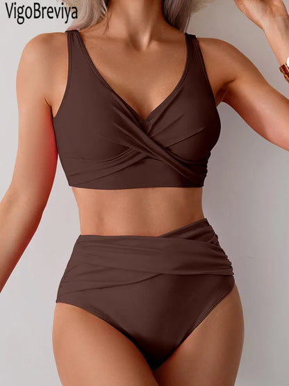 VigoBreviya 2025 Sexy Solid Strapped Bikini Set – Cross Push-Up, High Waist Brazilian Swimsuit for Women, Beach & Bath Wear