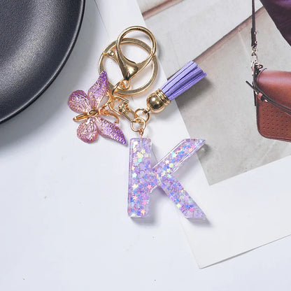 A-Z Initial Letter Sequin Keychain - Purple Butterfly Tassel Resin Keyring Backpack Charm Gift