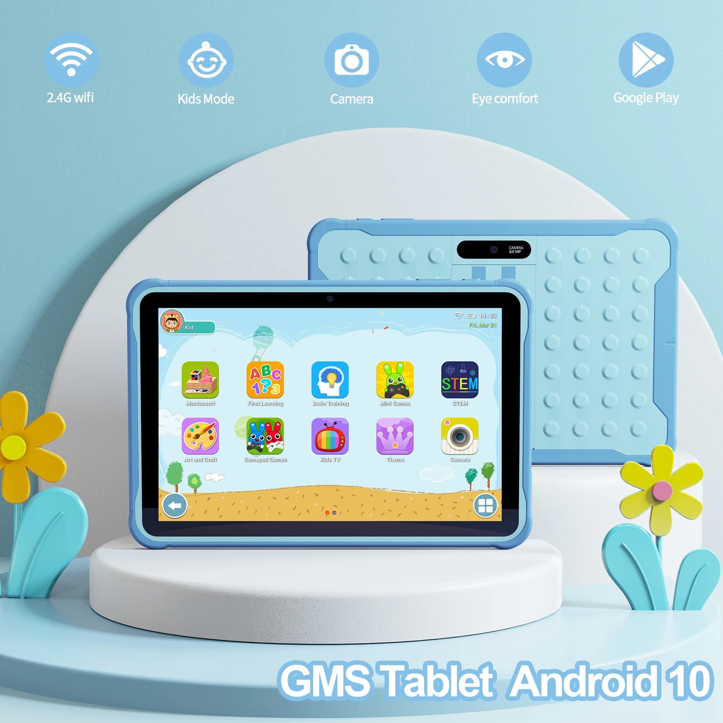 Pritom 10" Kids Tablet – Android 13 Go, Quad-Core, 2GB RAM 64GB ROM, YouTube, WiFi with Protective Case