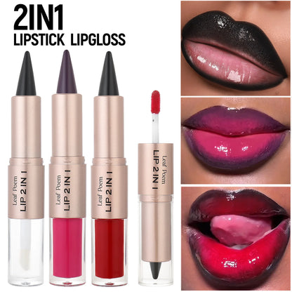 Double-Ended Lip Liner and Gloss Set - Tapered Lip Contour Pencil with Mirror, Plumping Crystal Lip Glaze, and Red Lip Tint