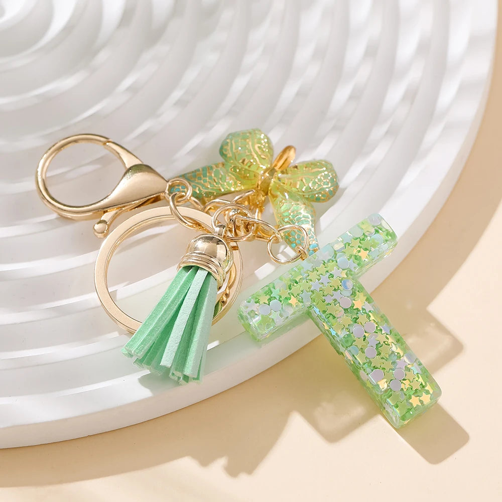 A-Z Initial Letter Resin Keychain - Green Butterfly Lobster Key Ring & DIY Charm