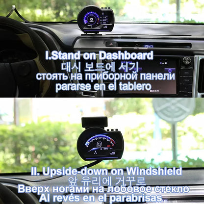 A501 Car Head-Up Display — OBD2 Smart HUD with Turbo Gauge, Digital Odometer, Security Alarm, Water & Oil Temp, RPM Auto Meter