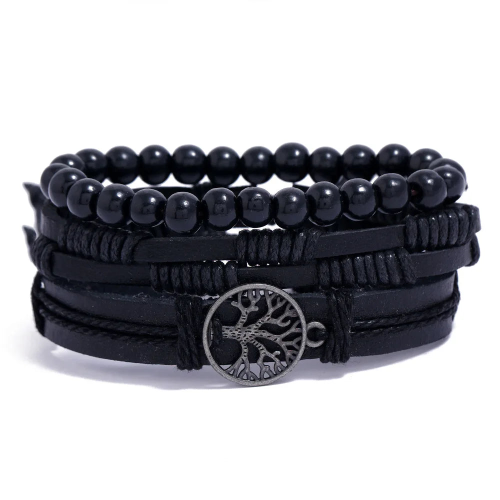 4Pcs Men's Braided Leather Bracelets Set – Vintage Life Tree & Rudder Charms, Wood Beads, Ethnic Tribal Wristbands