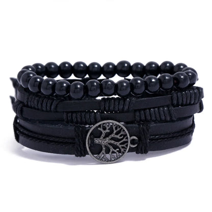 4Pcs Men's Braided Leather Bracelets Set – Vintage Life Tree & Rudder Charms, Wood Beads, Ethnic Tribal Wristbands