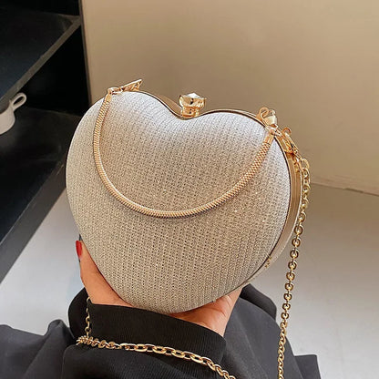 Shiny Heart Shape Metal Evening Clutch Bag - Fashion Chain Shoulder Crossbody Bag for Women, Luxury Lady Purse
