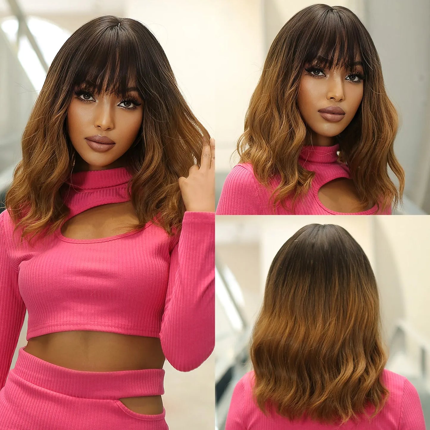 Women’s Grey Wavy Bob Wig with Bangs — Short Blonde Ombre Synthetic Hair with Dark Roots for Daily Wear