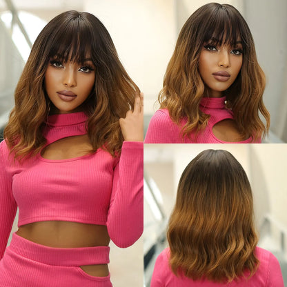 Women’s Grey Wavy Bob Wig with Bangs — Short Blonde Ombre Synthetic Hair with Dark Roots for Daily Wear