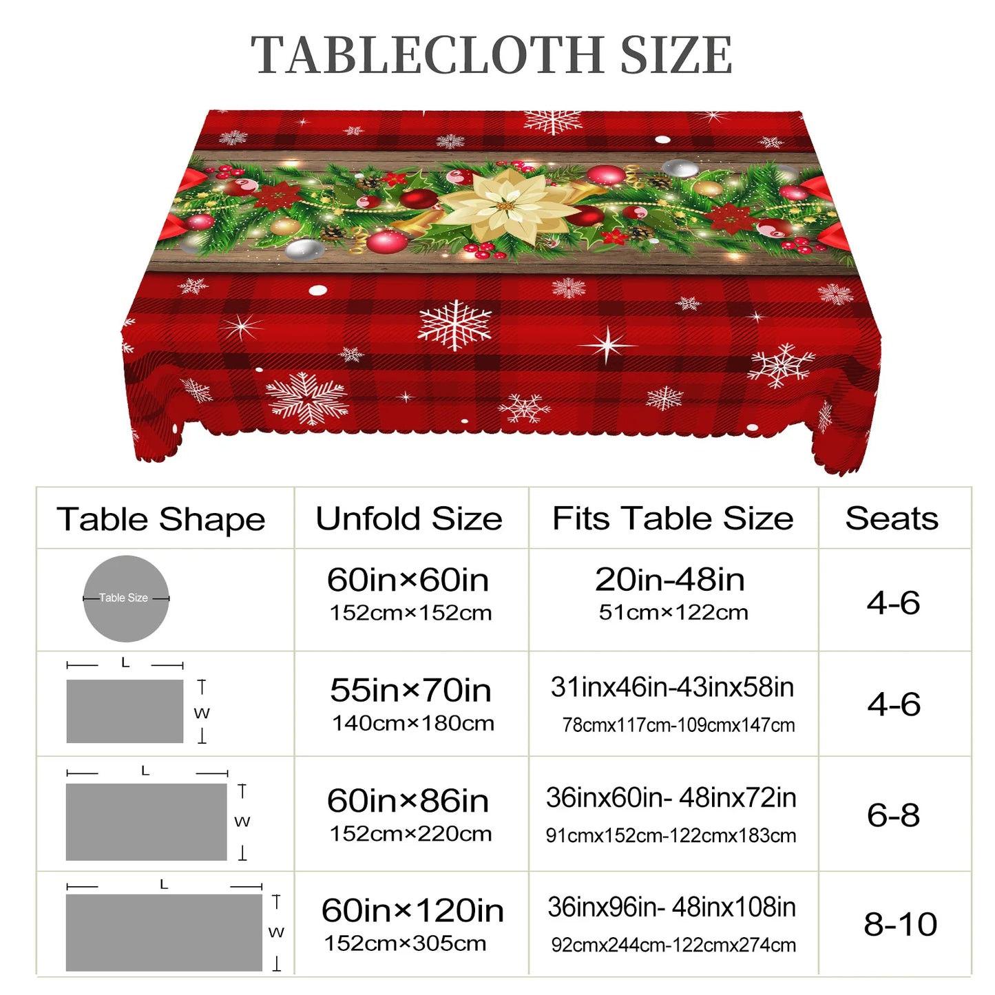 Christmas Printed Tablecloth - Holly Berry, Bow & Snowflake Holiday Dining Cover for Kitchen, Home & Terrace Decor