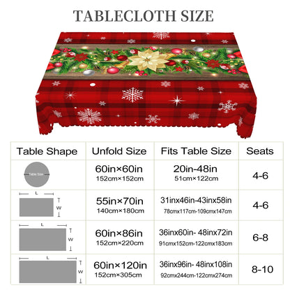 Christmas Printed Tablecloth - Holly Berry, Bow & Snowflake Holiday Dining Cover for Kitchen, Home & Terrace Decor