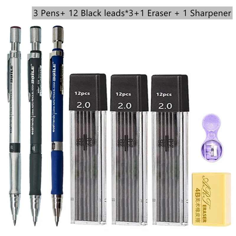 2.0mm Mechanical Pencil Set with 2B Black & Color Lead Refills – Automatic Pencil for Sketching, Drawing & Writing