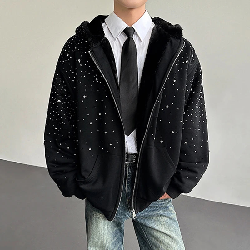 Men’s Faux Fur Patchwork Hoodie - Diamond Design Zip-Up Sweater with Loose Fit