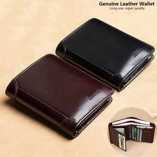 Men’s Genuine Leather RFID Blocking Trifold Wallet – Short Business Wallet with ID Window & Credit Card Holder Slim Men’s Purse