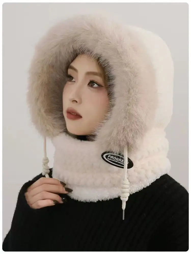 Women’s Winter Plush Hat with Hood & Scarf – Warm Thick Windproof Thermal Cap with Ear Protection for Outdoor Cycling & Riding