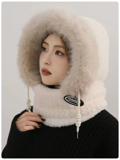 Women’s Winter Plush Hat with Hood & Scarf – Warm Thick Windproof Thermal Cap with Ear Protection for Outdoor Cycling & Riding