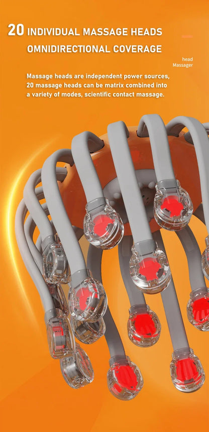 20-Head Orange Scalp Massager – Red Light Vibrating Octopus Scratcher for Relaxation, Stress Relief & Migraine Relief