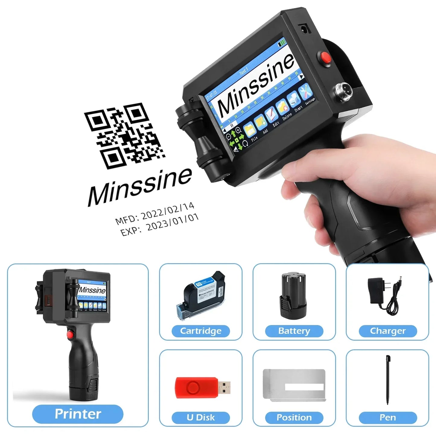 12.7/25.4mm Handheld Inkjet Printer – QR Code, Barcode, Batch, Date, Logo & Expiry Date Coding Machine with 25 Language Support, Portable Marking Tool