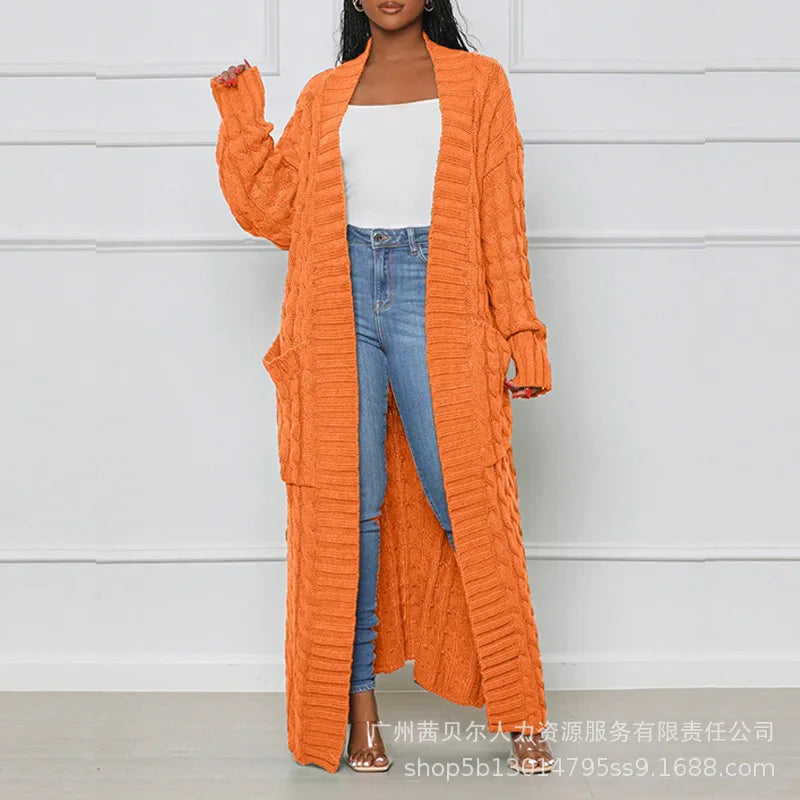 Open Front Cable Knit Longline Cardigan for Women – Long Sleeve, Loose Fit, Casual Fashion Knitwear, Solid Color