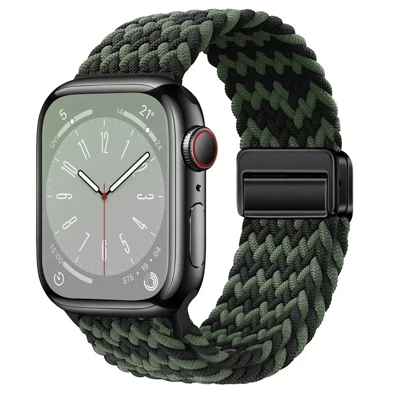 Nylon Braided Loop Apple Watch Band – Magnetic Metal Bracelet Strap for Ultra 2, Series 3–9 & SE (40mm–49mm) Adjustable Wristband