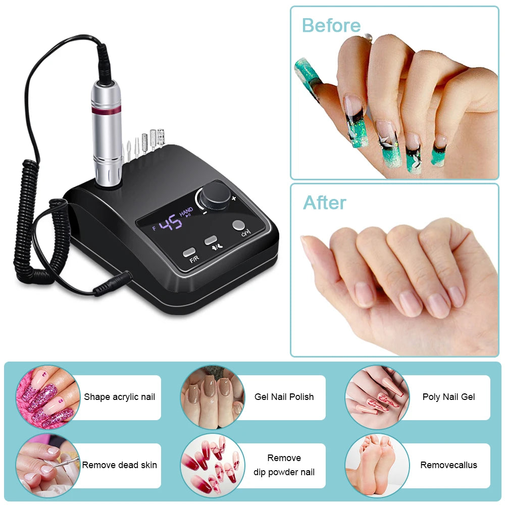 45000 RPM Electric Nail Drill Machine - HD Display, Metal Manicure Pen, Professional Nail Lathe & Sander for Nails