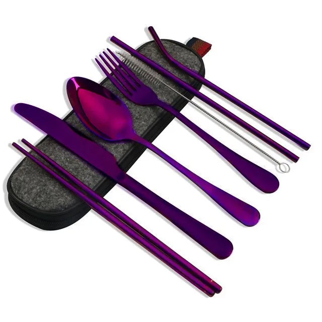 8-Piece Reusable Travel Cutlery Set — Stainless Steel Spoon, Fork, Chopsticks & Straw with Portable Case
