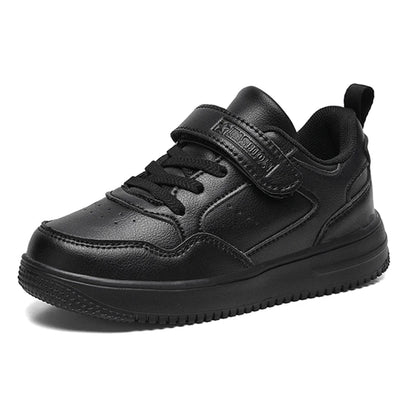 Children’s Black Leather Sneakers – Non-Slip Casual Flat Walking Shoes for Boys & Girls, Lightweight Student Sports Footwear