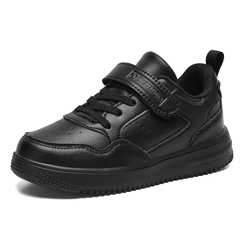 Kids' Black Leather Sneakers – Non-Slip Casual Walking & Tennis Shoes for Boys and Girls