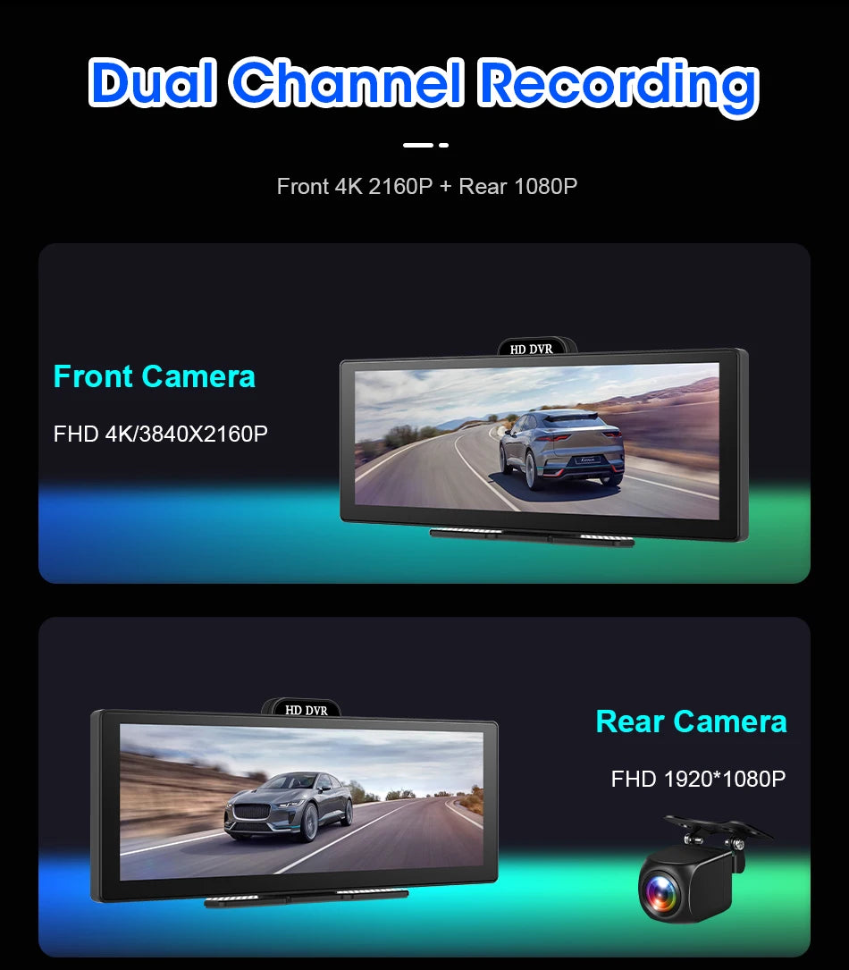 11.26-Inch 4K Dash Cam – Wireless CarPlay & Android Auto, Dual Lens DVR, Bluetooth Audio, GPS Navigation Video Recorder