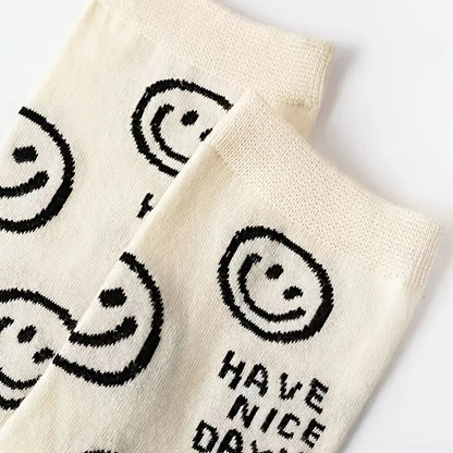 5 Pairs Happy Face Crew Socks – Cartoon Cat Cotton Mid Tube Socks, Breathable Women's Stockings & Hosiery
