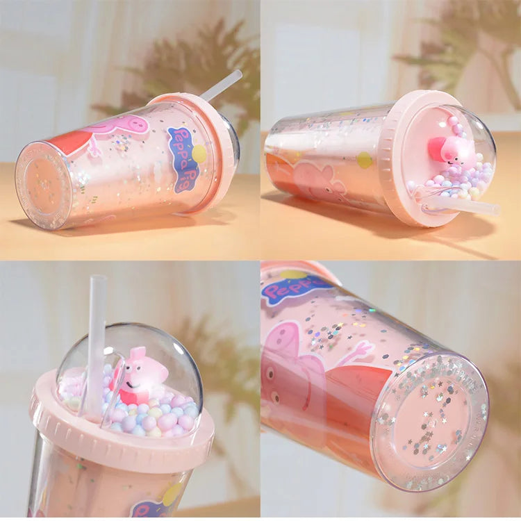 450ML Peppa Pig Plastic Water Bottle – Double-Layer Tumbler with Straw, George Pig Design, Gift for Girls