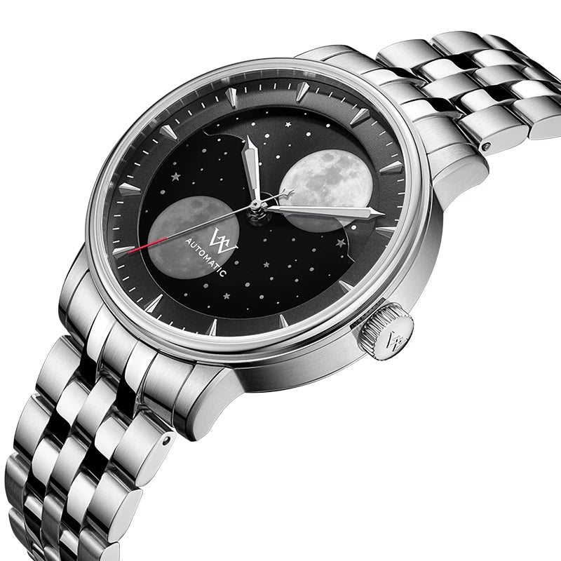 WM Welly Merck Automatic Mechanical Men's Watch — Lunar Moon Phase, Sapphire, Waterproof, Luminous Twin Moons WM142